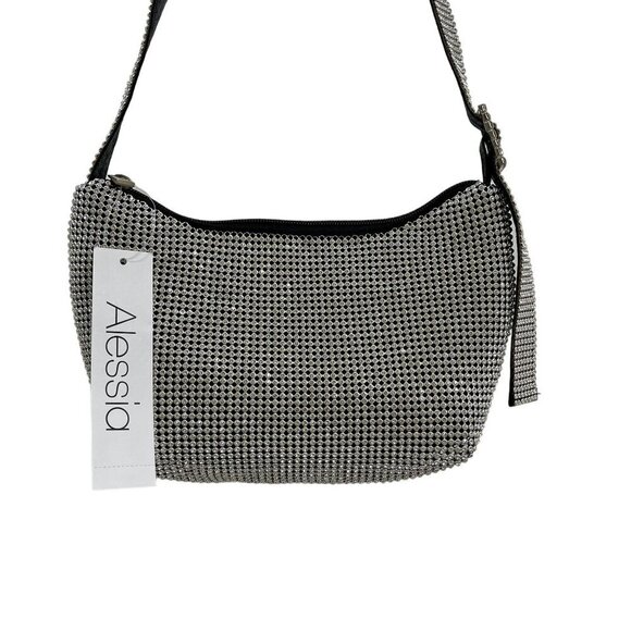 Alessia Handbags - Alessia Rhinestone Mesh Silver Shoulder Bag Adjustable Strap & Zipper Closure